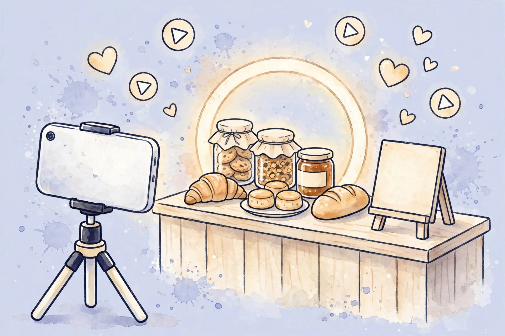 三脚のスマートフォンでお店の商品を撮影する様子の水彩イラスト