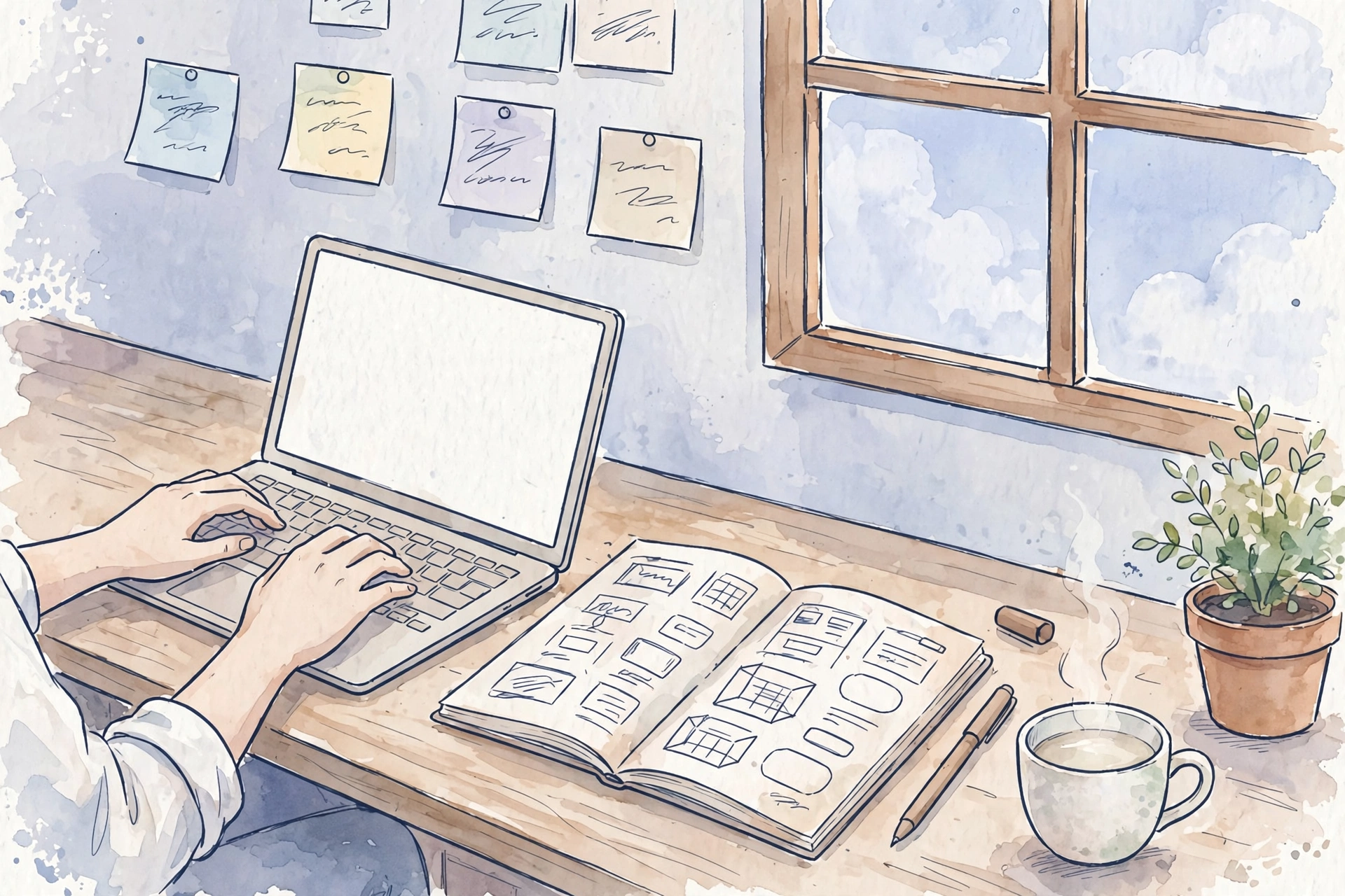 ノートに画面の設計図を描きながらノートパソコンで作業する手元の水彩イラスト